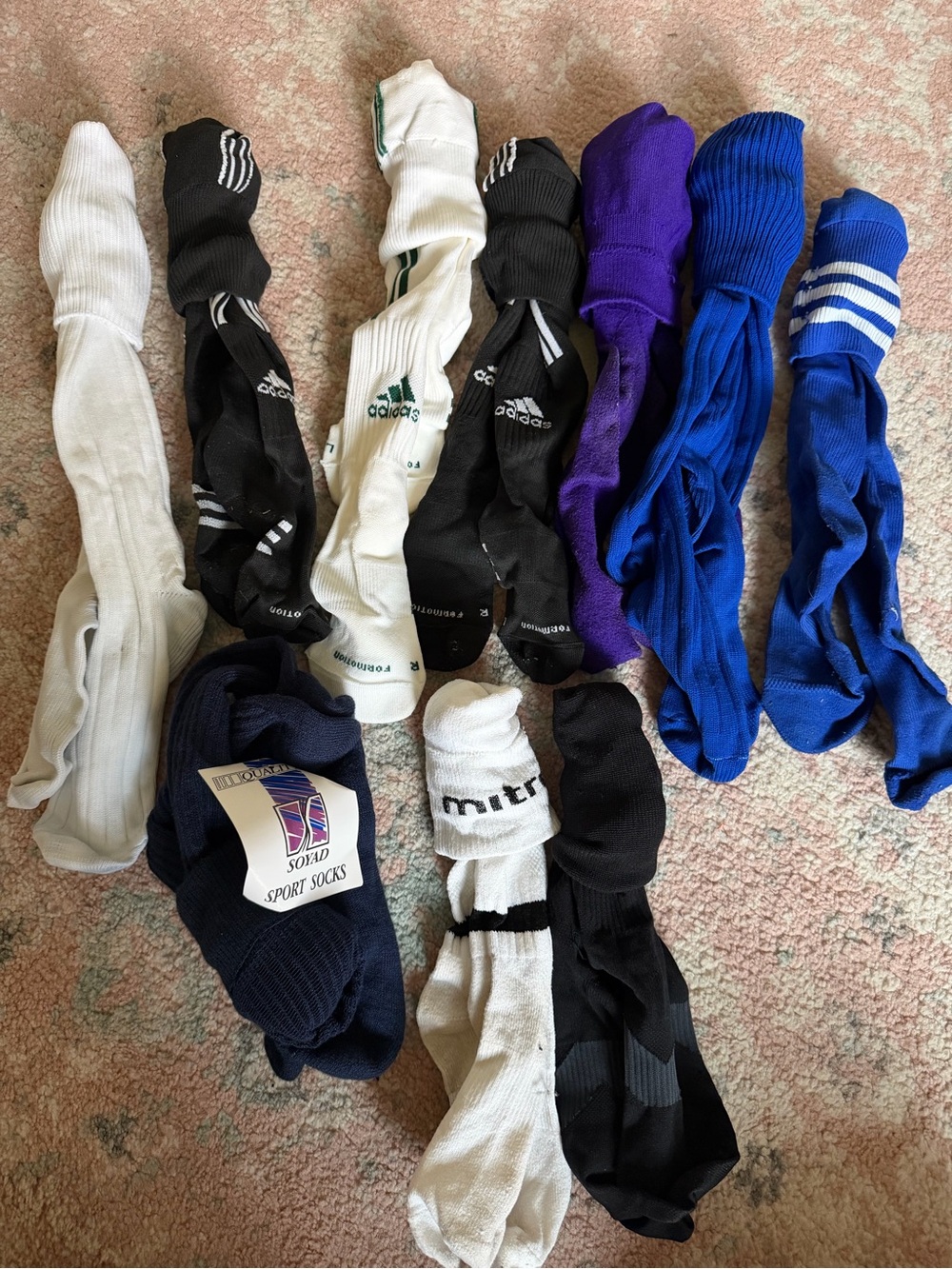 Mixed Athletic Socks Lot with Adidas & Mitre Logos - White, Black, Blue, Purple